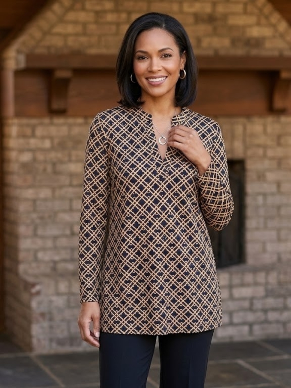 Jude Connally Black and Tan Geometric Split-Neck Tunic